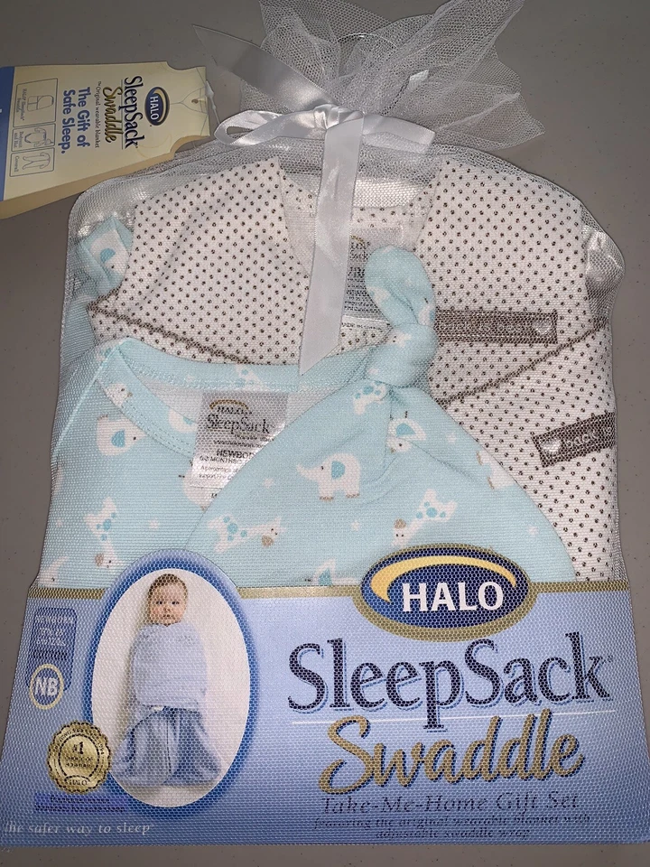 NUEVO CON ETIQUETAS Halo Saco de Dormir Envoltura Recién Nacido Bebé Niño Layette Juego de Regalo 4 Piezas Llévame a Casa Foto 2 de 4