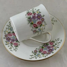 VINTAGE DEMITASSE ESPRESSO CUP SAUCER SET ROYAL DOULTON FLOWERS GOLD RIM
