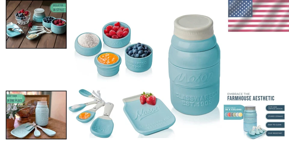 Sturdy Kitchen Ceramic Decor Set - 6-Piece Aqua Blue Vintage Style Collection - Image 2 of 4