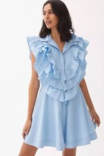 Anthropologie Maeve Mini Dress Women Blue Ruffle Button Front Vacay Sz 0 NWT