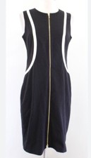 Calvin Klein Women Black White Full Front Zip Dress Office Preppy Workwear SZ 4