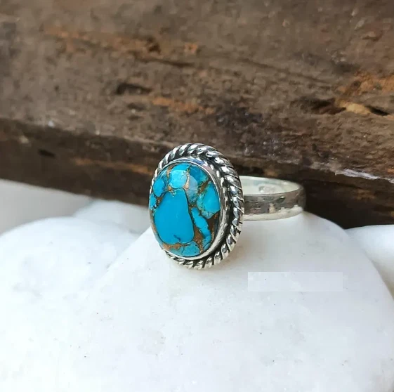 Anillo Turquesa Cobre Hecho a Mano Plata de Ley 925 Piedras Preciosas Anillo Todas las Tallas R394 Foto 3 de 4