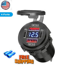 12-24V 4 Port Fast Car Charger QC3.0 PD USB C Outlet Socket for Boat RV Marine