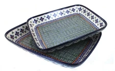 Blue Rose Polish Pottery Mosaic Flower Rectangular Baker Set