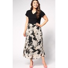 LOGO by Lori Goldstein Black V Neck Midi Dress Abstract Print  Skirt XL