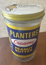 Vintage Planters Peanut Butter Glass Jar with Tin Lid Rare Mr. Peanut All Labels