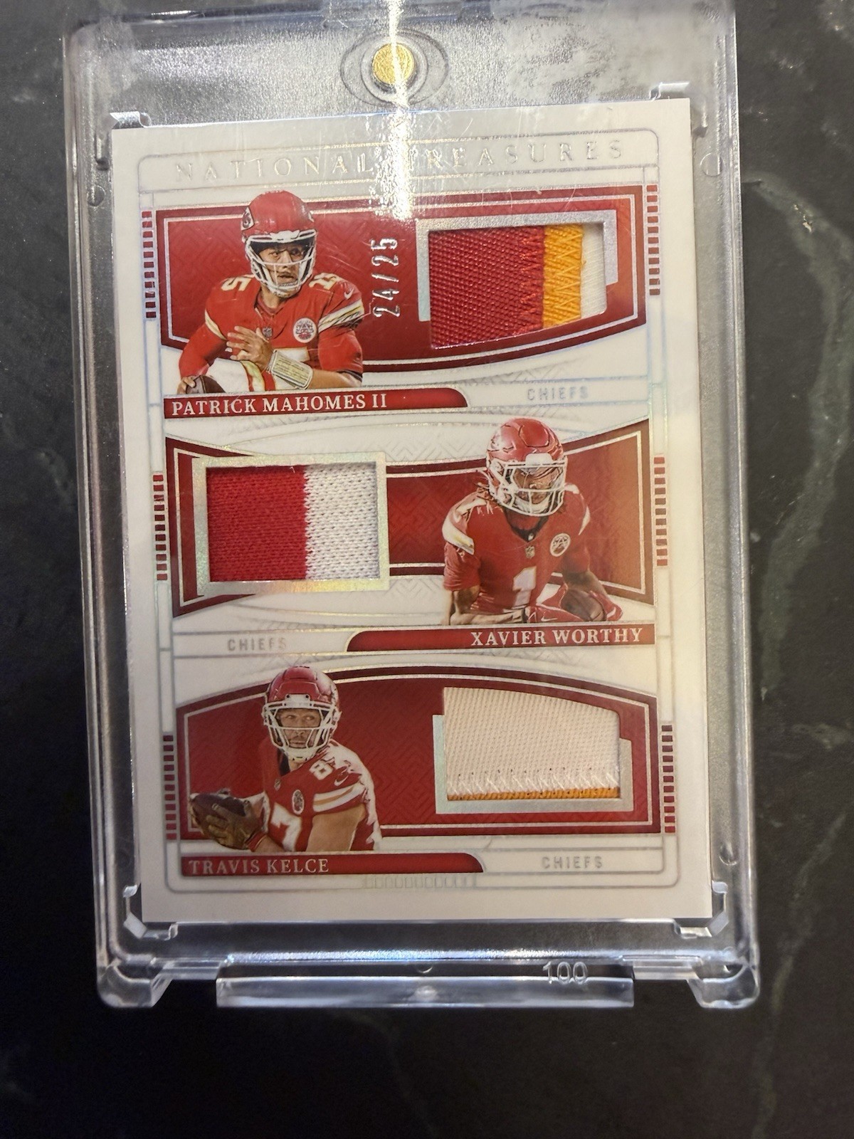 Mahomes Kelce Worthy 2024 National Treasures Triple Patch 24 of 25 Panini view 2