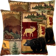 Rustic Cottage Pillow Covers Set of 2-18"x18" Linen Patchwork Scenic Cushion Cov
