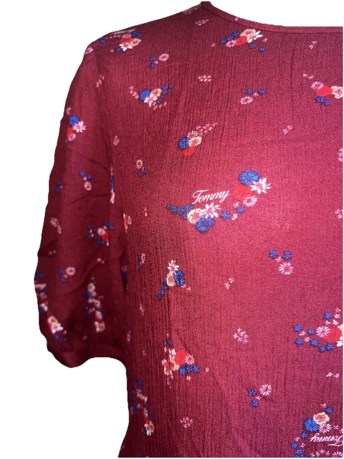 Tommy Jeans Burgundy Floral Print Tiered A-Line Short Sleeve Dress Sz SMALL, NWT thumbnail 8