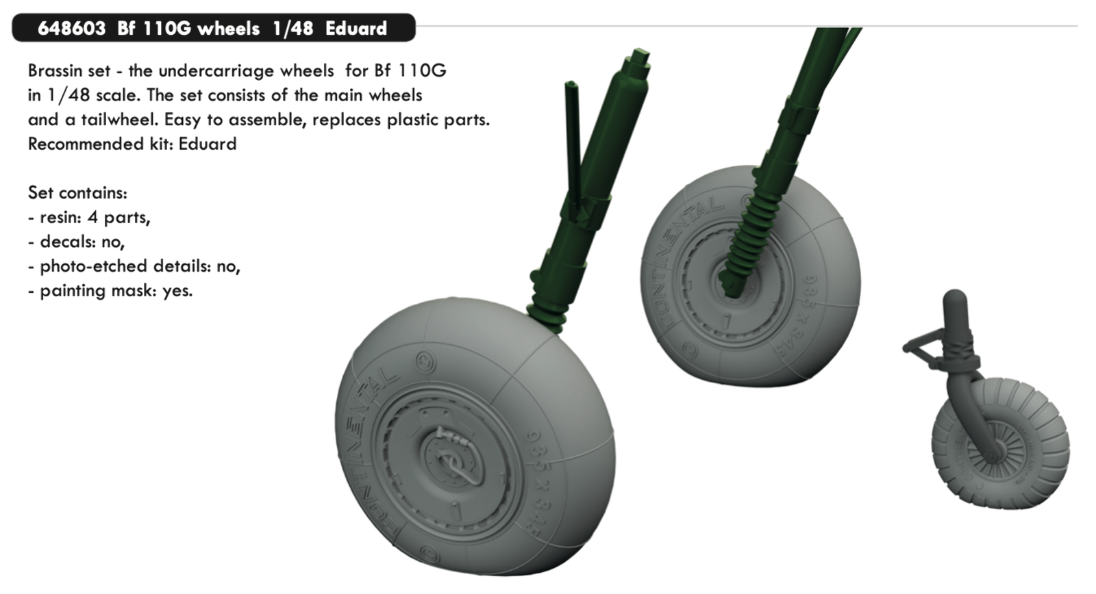 Eduard Brassin 648603 1:48 Messerschmitt Bf-110G-4 wheels with weighted tyre eff