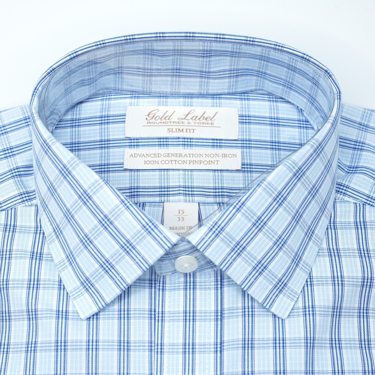 Roundtree Yorke Gold Label Dress Shirt 15-33 SLIM FIT Blue Check Non-Iron NWT Roundtree Yorke Gold Label Dress Shirt 15-33 SLIM FIT Blue Check Non-Iron NWT