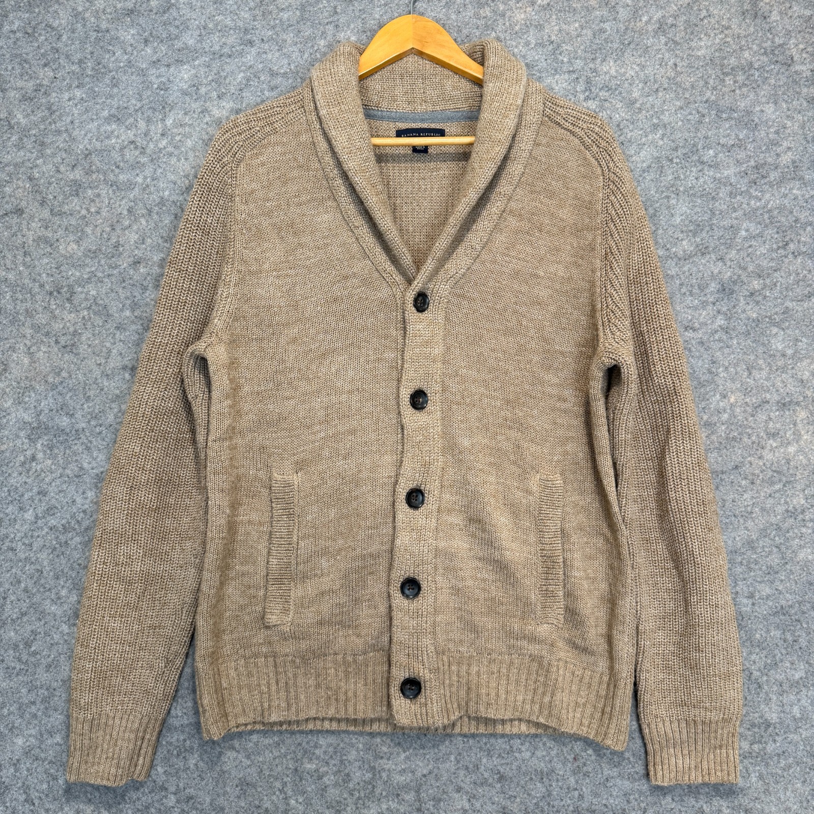 Banana Republic Shawl Wool Blend Cardigan Sweater Mens Large Ribbed Trim Preppy