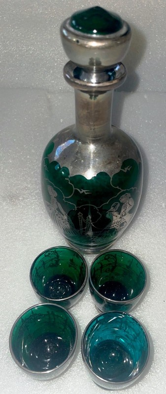 Vintage Venetian Green Glass Decanter with Silver Overlay and 6 Shot Glasses 