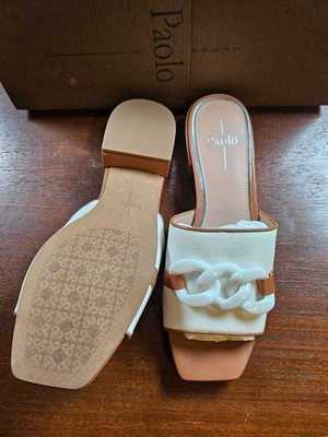 Paolo Linea Lido Rheal Leather W Chain Cream Cognac Slide Sandal Size 8 M NIB