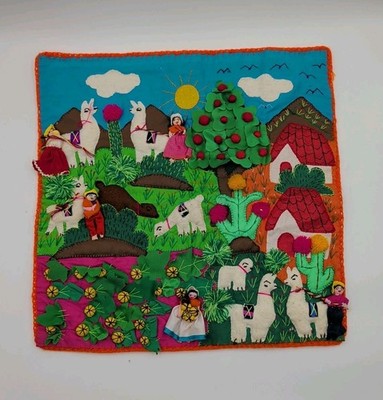 Vtg Peruvian Arpillera Wall Hanging Folk Art Tapestry Textile 3D Handmade 20''
