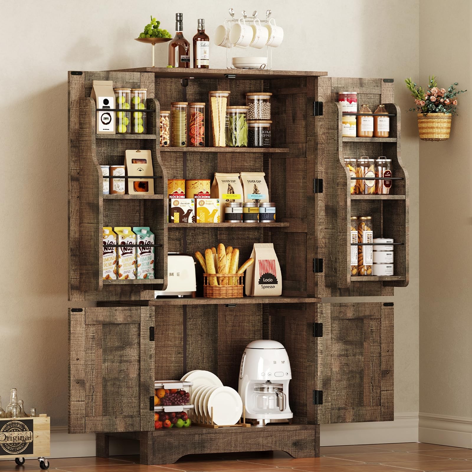 Farmhouse Pantry Cabinet with 4 Doors and 6 Shelves, 43.3-Inch Tall Kitchen Storage