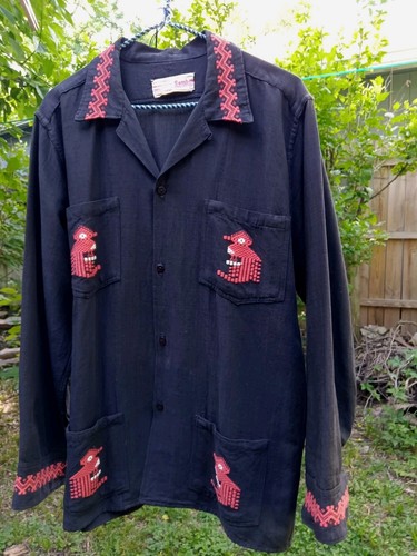 Vintage Guatemalan Hand Woven Jacket Quetzal Bird Embroidery Sz L Cotton