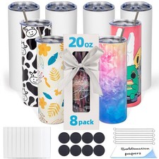 8 Pack 20oz Sublimation Tumbler Blanks Skinny Straight in Bulk, Stainless Ste...