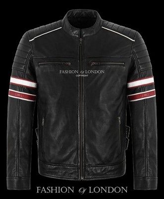 Herren Echt Leder Biker Jacke Schwarz Cafe Racer Style Motorrad Retro Gestreift