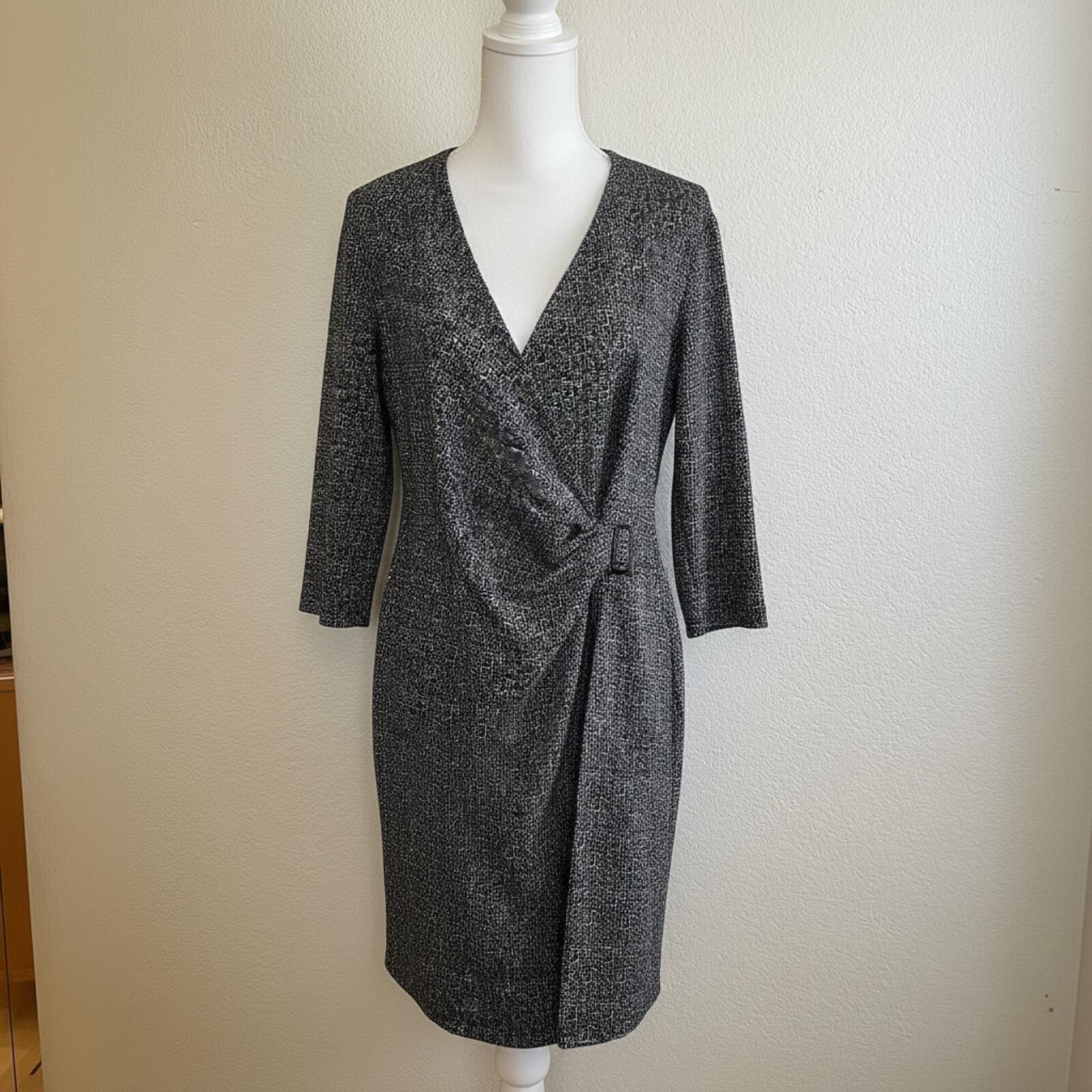 Anne Klein Black and White Wrap Dress with Buckle Detail