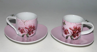 2 Espressotassen, Pink mit roten Blumen, Könitz