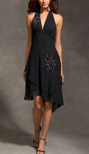 BCBG Black Halter Silk Dress Embroidered Sz 8 Boho Sexy Y2K Chiffon Flowy Lined