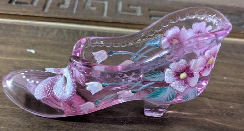 Fenton Pink Glass Shoe Hand Painted Signed And Sticker