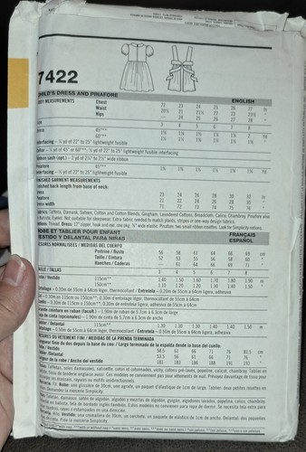Simplicity Sewing Pattern 7422 Girls Dress & Apron Size 3-8 Cut-altogether - Picture 2 of 2