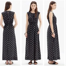 Madewell Brushed Ikat Black Beige Silk Maxi side slit and pockets Dress size 6