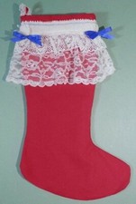 Victorian Style Red Holiday Stocking w/ White Lacy Cuff  Blue Ribbon Bow Trim 