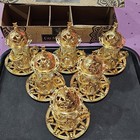Turkish Tea Set (of 6) Copper Movable Holder Bowl Glass Cup Ottoman Gold Brass