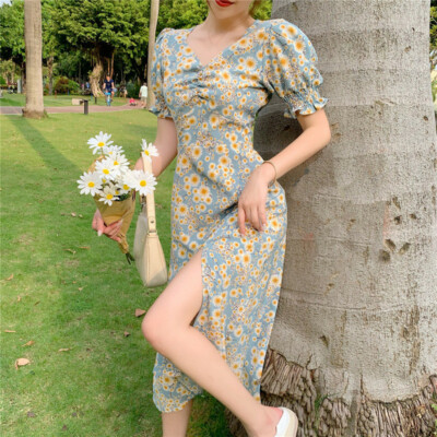 Lady Floral Tea Dress Puff Short Sleeve Midi Side Split Retro Cottagecore  Casual | eBay