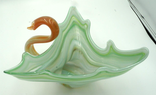 Vtg 12” Art Deco Glass Hand Blown Sooner Style Slag Swan Orange MCM Bowl Candy - Picture 2 of 6