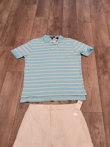 Ralph Lauren Camicia Uomo L Polo Blu Bianco Righe Preppy W Pantaloncini Bianchi 34 Nuova con etichette - Foto 13 di 17