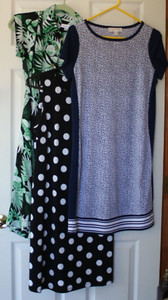3 Woman's summer dresses- blue M. Kors med., black Hilfiger 8, green C. Klein 6
