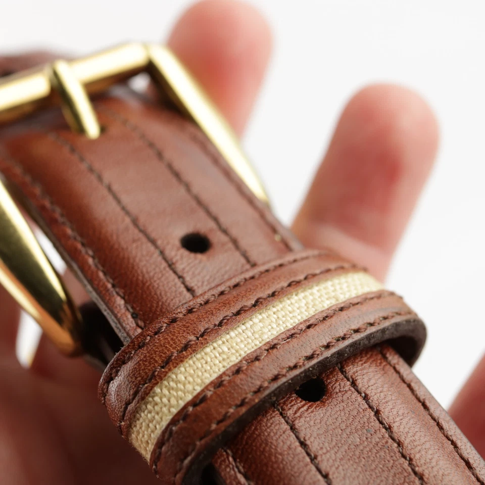 Cinturón para hombre Cole Haan talla 42 cuero marrón nogal incrustaciones color tostado pañuelo a mano Maine EE. UU. Foto 3 de 4