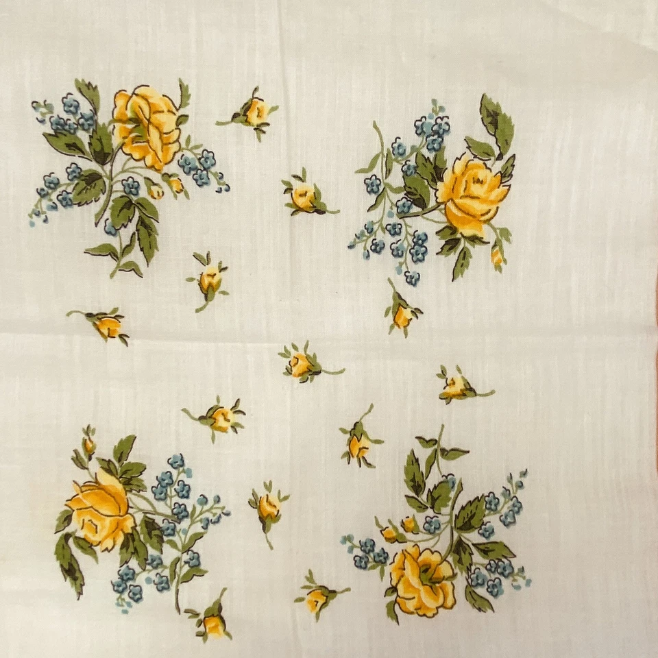 Vintage Hankie Handkerchief Yellow Roses Blue Floral Flowers Design Border HK1 - Image 4 of 4