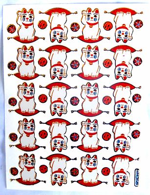 36 AUFKLEBER Sticker Winkekatze lucky cat Maneki Neko weiss Bogen = 13x10 cm