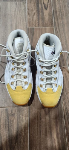 Size 11.5 - Reebok Question Mid White with yellow details and purple letters
