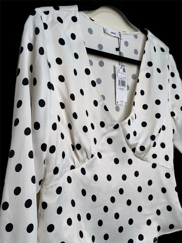 MANGO MNG Side Zip Satin White Polka Dot Peplum Long Sleeve Top US 6 EUR MEDIUM - Picture 2 of 14