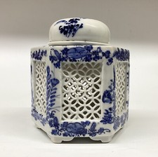 Japanese Porcelain Ink Well Blue & White Hexagonal Reticulated