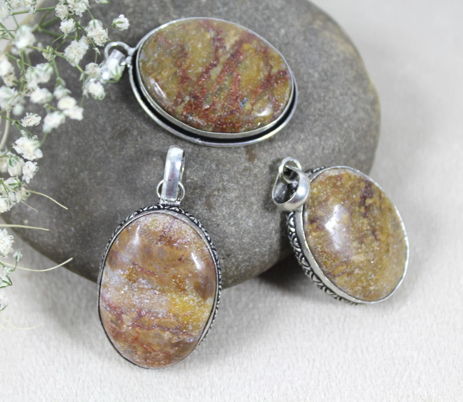 VETEMENTS Ciondolo unico forma ovale placcato argento diaspro marrone naturale lotto 3 pezzi