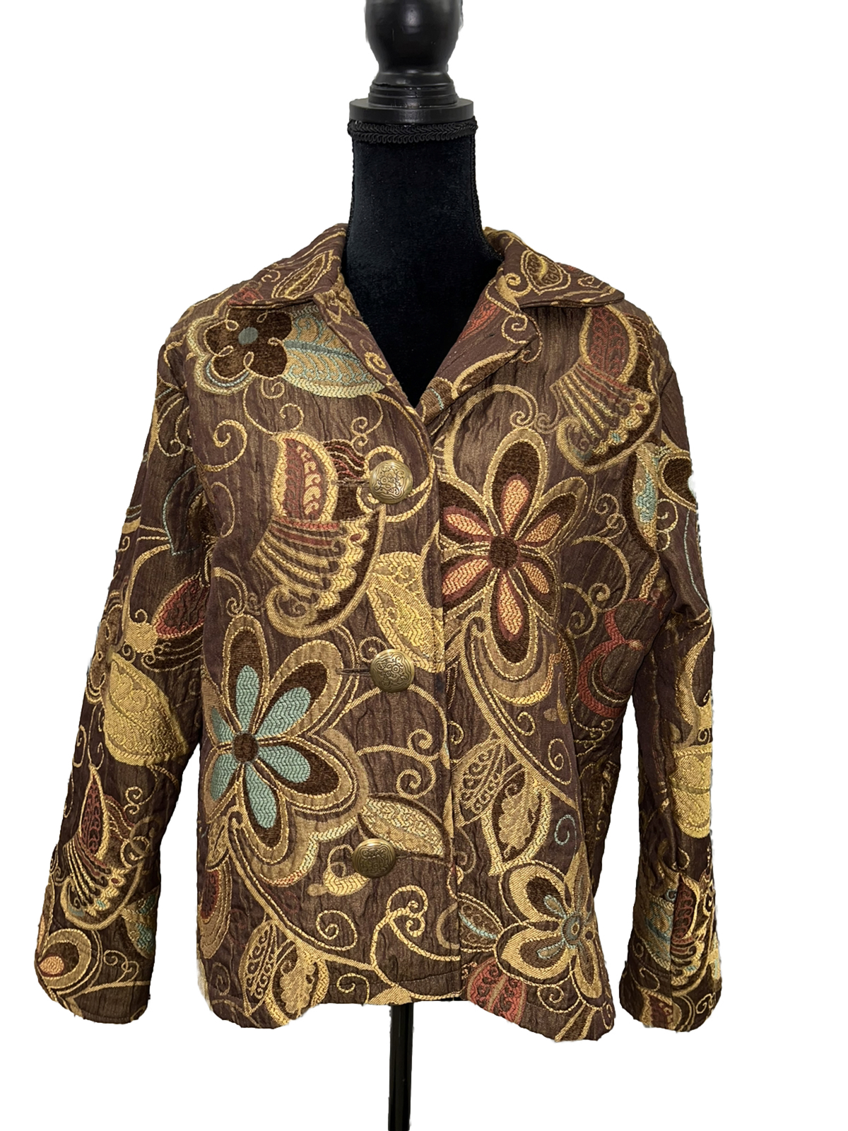 Pony Jacket Vintage Dipinto Cappotto Broccato Floreale Bottone Frontale Donna Taglia Large