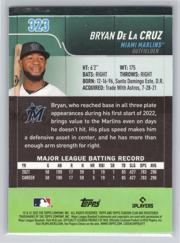 2022 Stadium Club Chrome #323 Bryan De La Cruz Miami Marlins RC Baseball Card - Picture 2 of 2