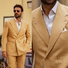 Linen Business Men Suits Spring Summer Wear Slim Fit Peak Lapel Double Breasted