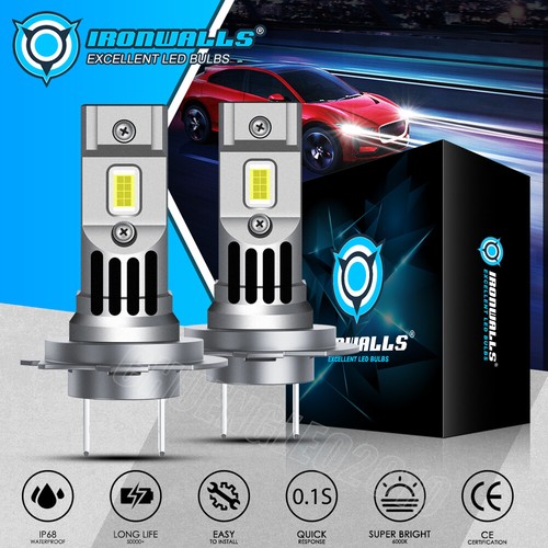 IRONWALLS H7 LED Headlight Bulbs Kit High/Low Beam 6500K Super Bright White 2x - Picture 1 of 12