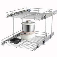 2 Tier Pull Out Cabinet Organizer 17" W X 21" D , Double Tier Wire Basket Sl...