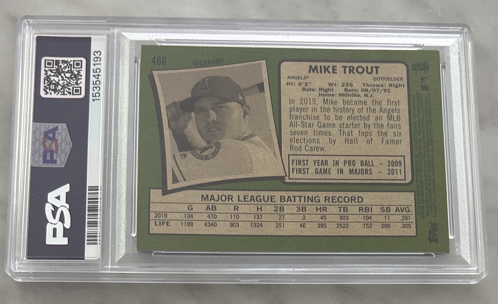 2020 TOPPS HERITAGE MIKE TROUT NICKNAME SP INSERT #466 PSA 9 MINT ANGELS view 2