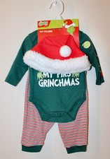 NWT The Grinch Infant Unisex Green Red My 1st Grinchmas 3pc Pant Set with Hat 3M