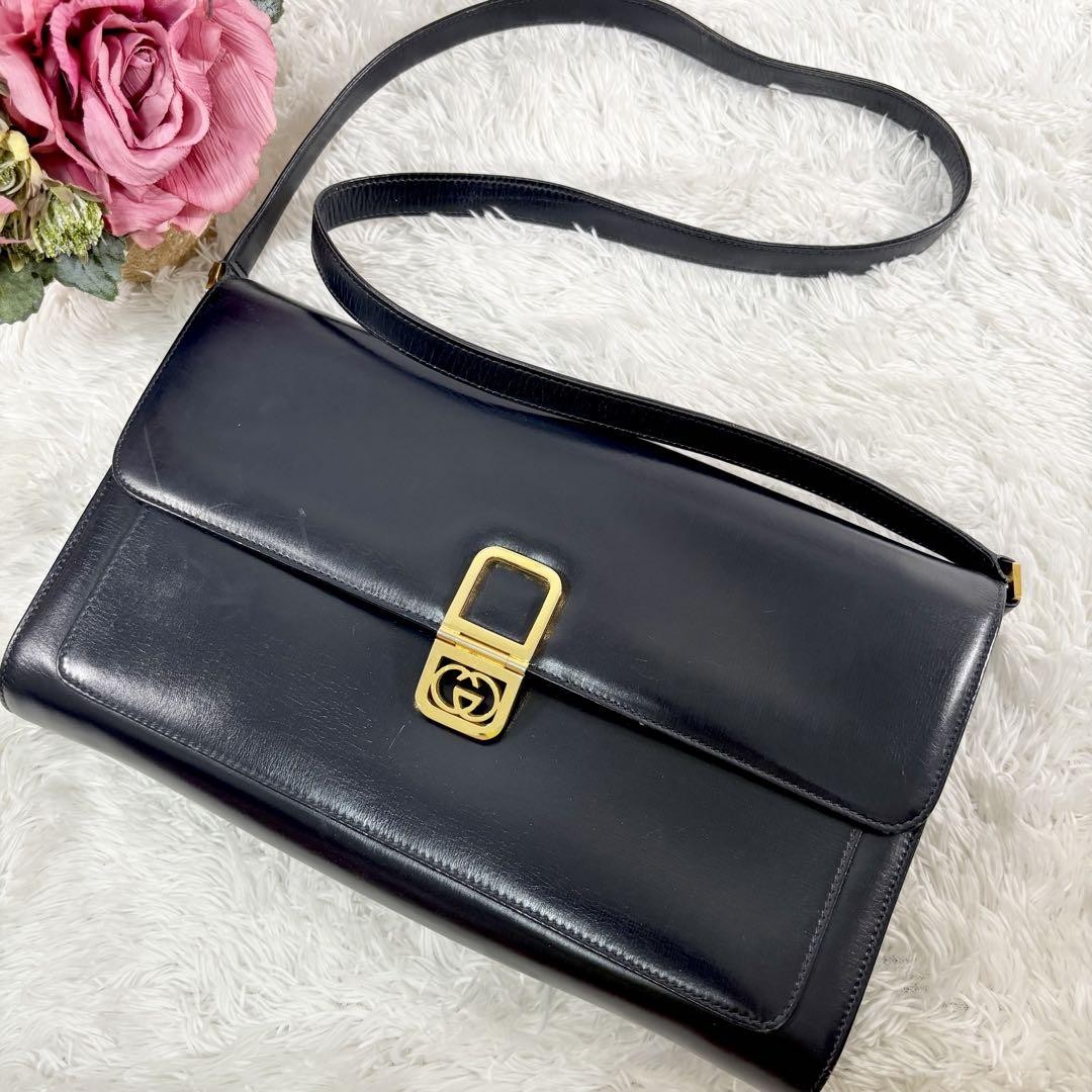 Gucci Navy Leather Flap Shoulder Bag Authentic Pre-Owned